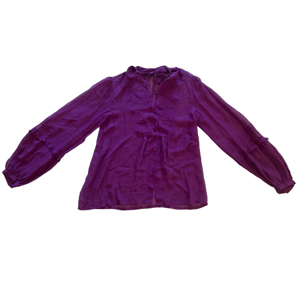 2 Development by Erica Davies Purple Tie Neck Button Blouse Pleated Long Slv